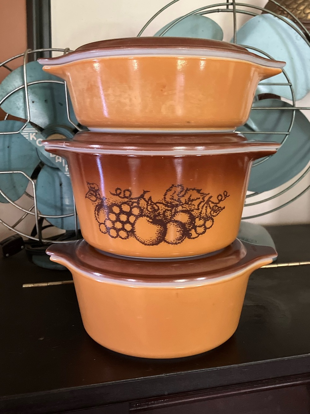 1970s Pyrex Old Orchard Glass Baking Dishes w/ Opaque Lids – Set of 3